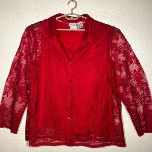 White Stag Women Plus Red Lace Button-Down Shirt 26W/28W Career Whimsical Y2K